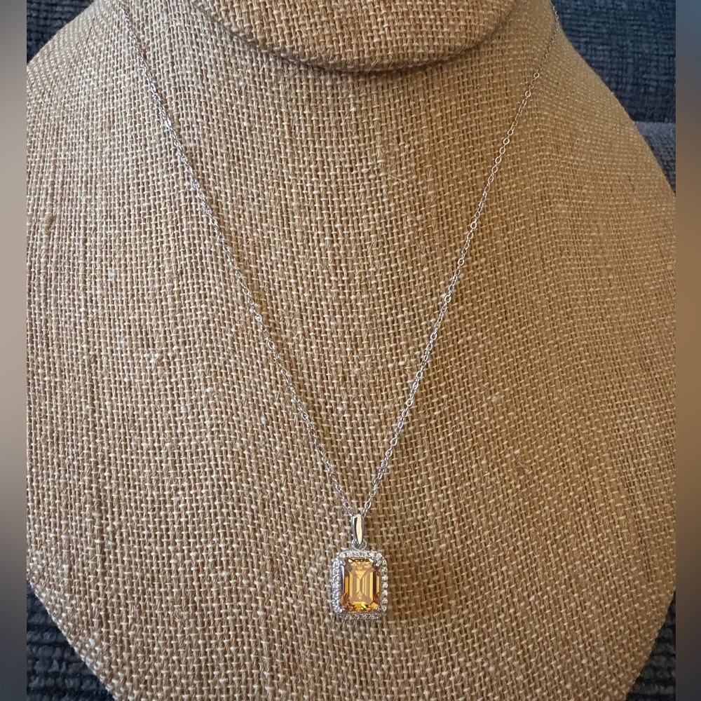 Solid Sterling Silver Three Carat Emerald cut Champagne Moissanite Necklace $899